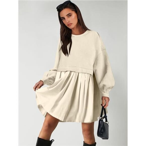 Women Fall Oversized Sweatshirts Hoodie Long Sleeve Crewneck Pleated Dress - Picture 3 of 6
